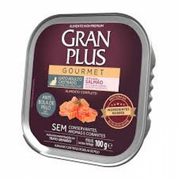 Ração Úmida GranPlus Gourmet Patê Anti Bolas de Pelo Sabor Salmão para Gatos Adultos Castrados 100g
