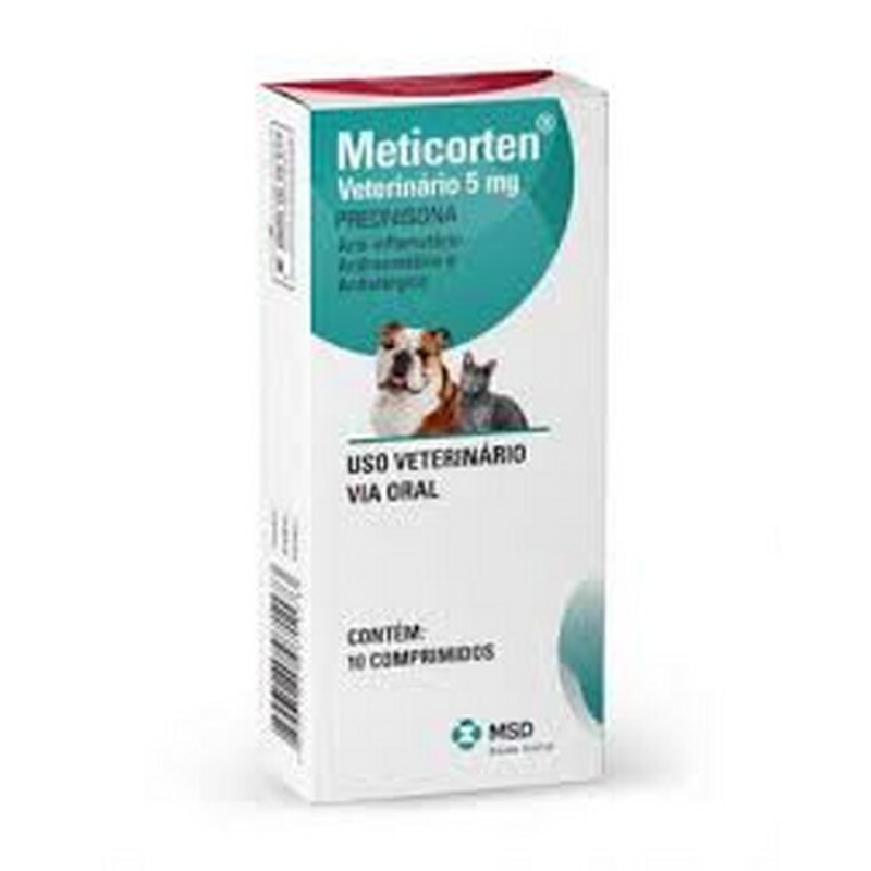 Meticorten 5 mg MSD Anti-inflamatório para Cães e Gatos 10 comprimidos