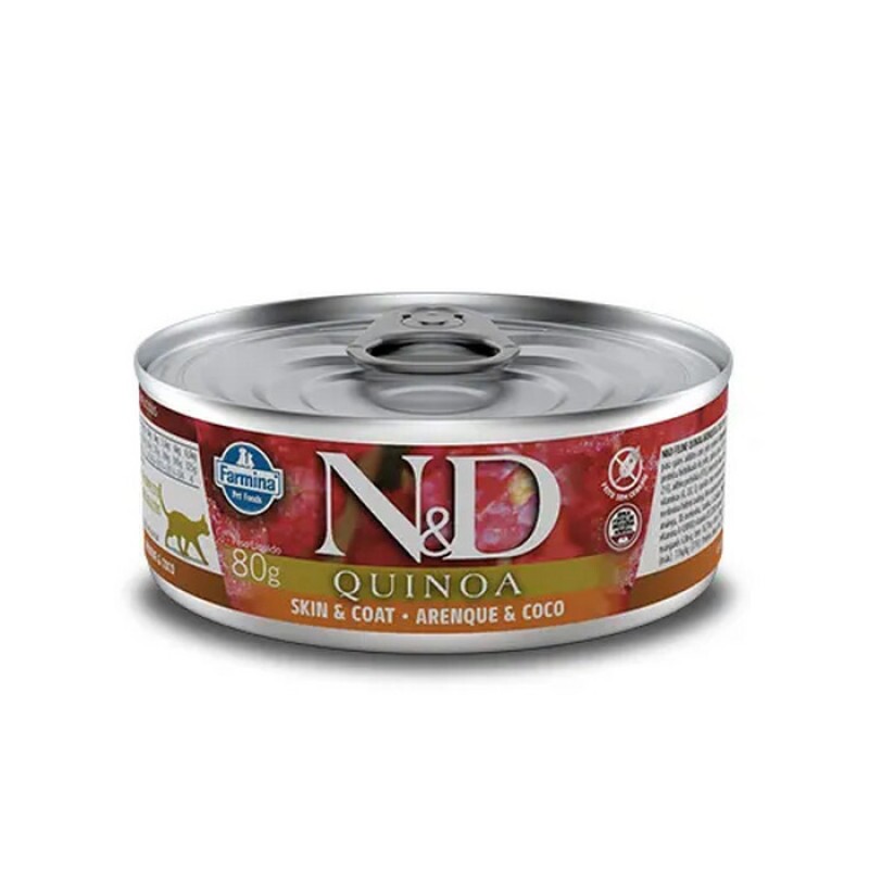 Alimento Úmido Lata N&D Feline Quinoa Skin & Coat sabor Arenque e Coco 80g