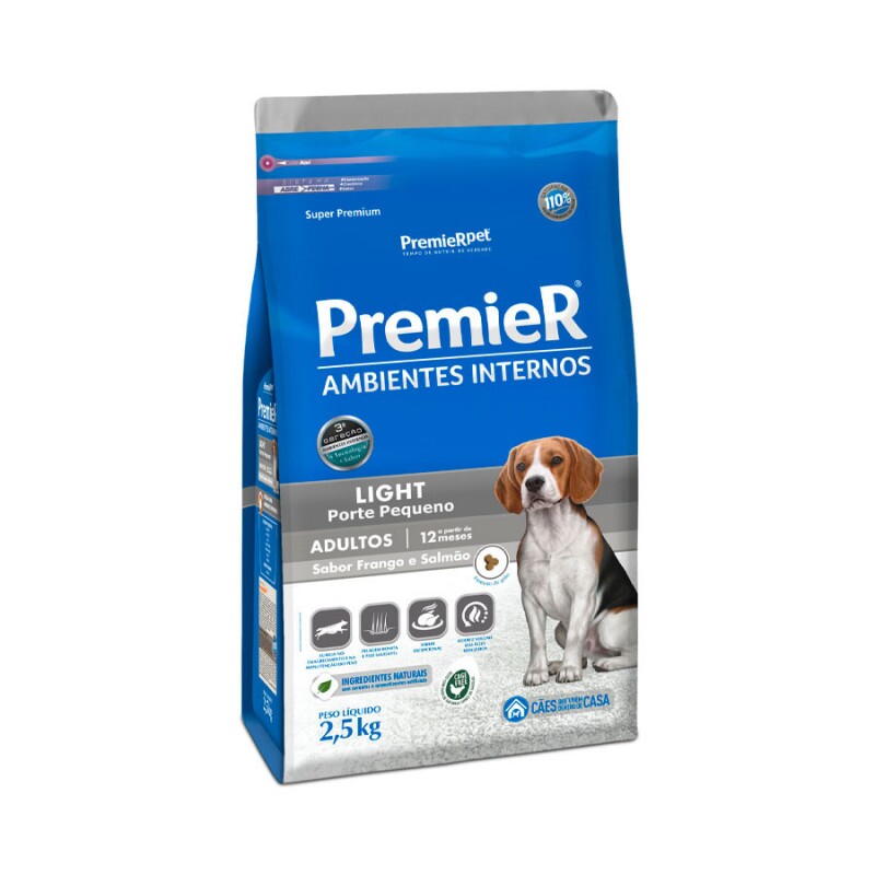 Ração Premier Ambientes Internos Light para Cães Adultos Sabor Frango e Salmão 2,5KG