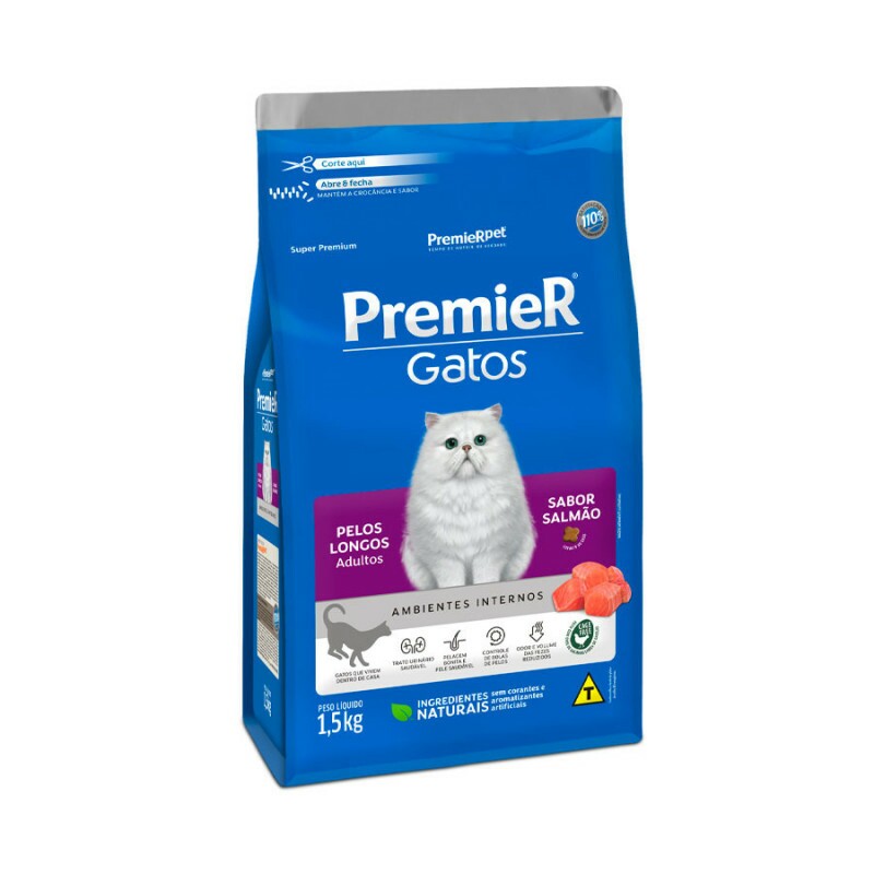 Ração Premier Ambientes Internos Pelos Longos para Gatos Adultos Sabor Salmão 1,5KG