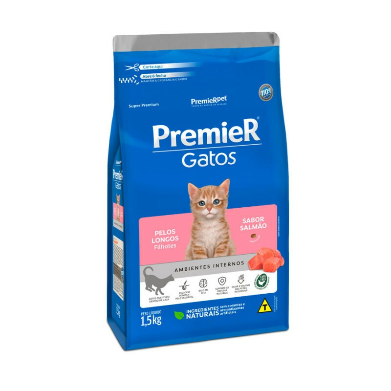 Ração Premier Ambientes Internos Pelos Longos para Gatos Filhotes Sabor Salmão 1,5KG