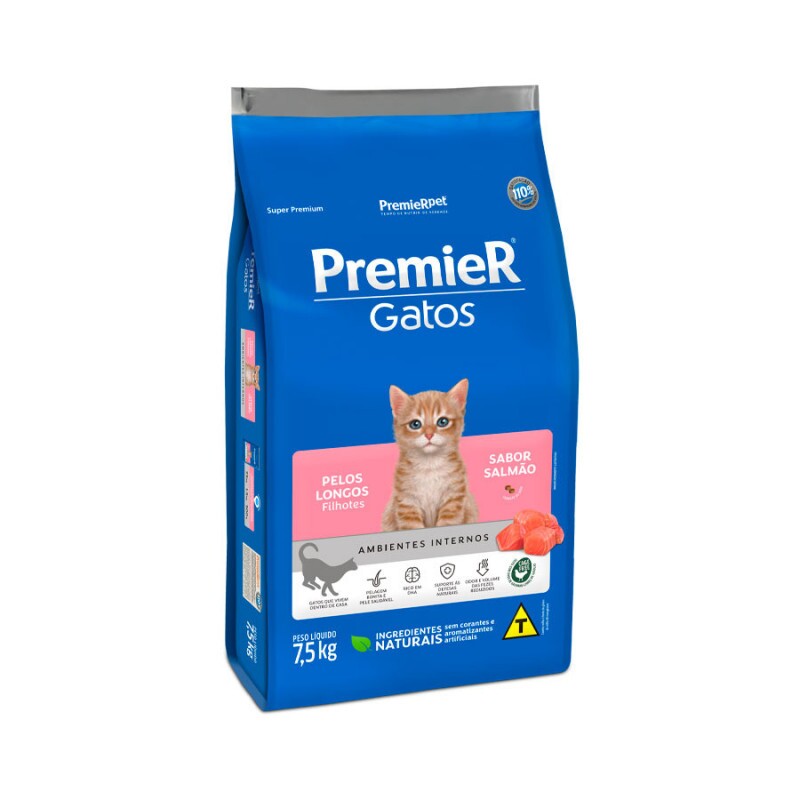 Ração Premier Ambientes Internos Pelos Longos para Gatos Filhotes Sabor Salmão 7,5 KG