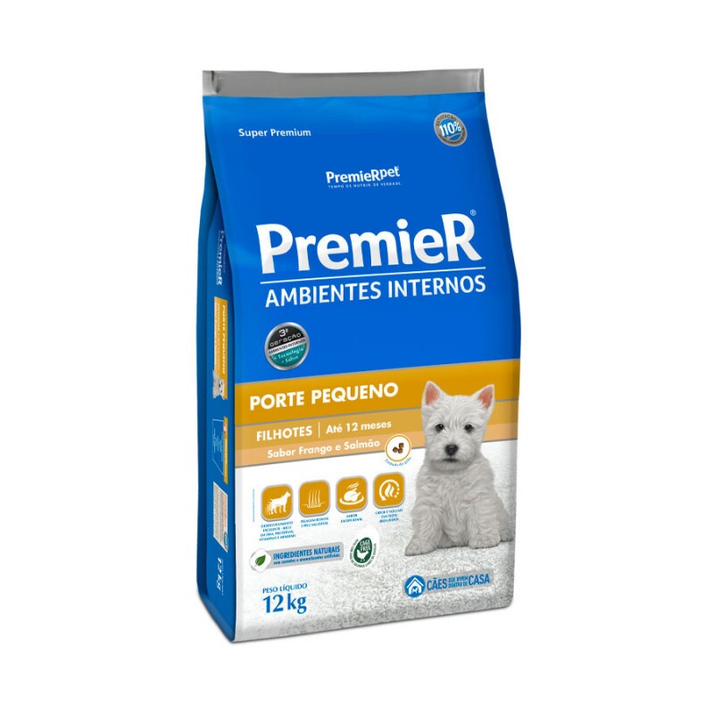 Ração Premier para Cães Filhotes de Raças Pequenas Ambientes Internos Sabor Frango e Salmão 12KG