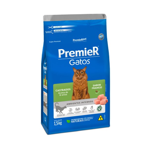 Ração Premier Ambientes Internos para Gatos Adultos Castrados 12+ Sabor Frango 1,5KG