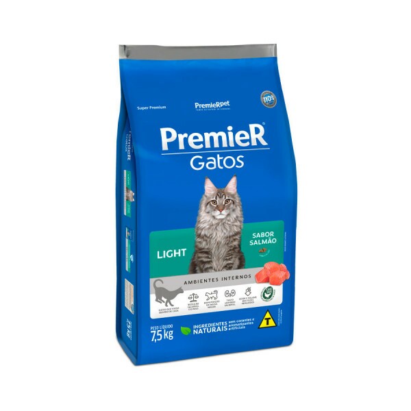 Ração Premier Ambientes Internos Light para Gatos Adultos Sabor Salmão 7,5KG
