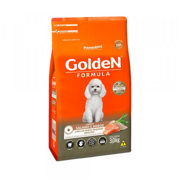 Ração Golden Fórmula Mini Bits para Cães Adultos de Porte Pequeno Sabor Salmão e Arroz 3KG