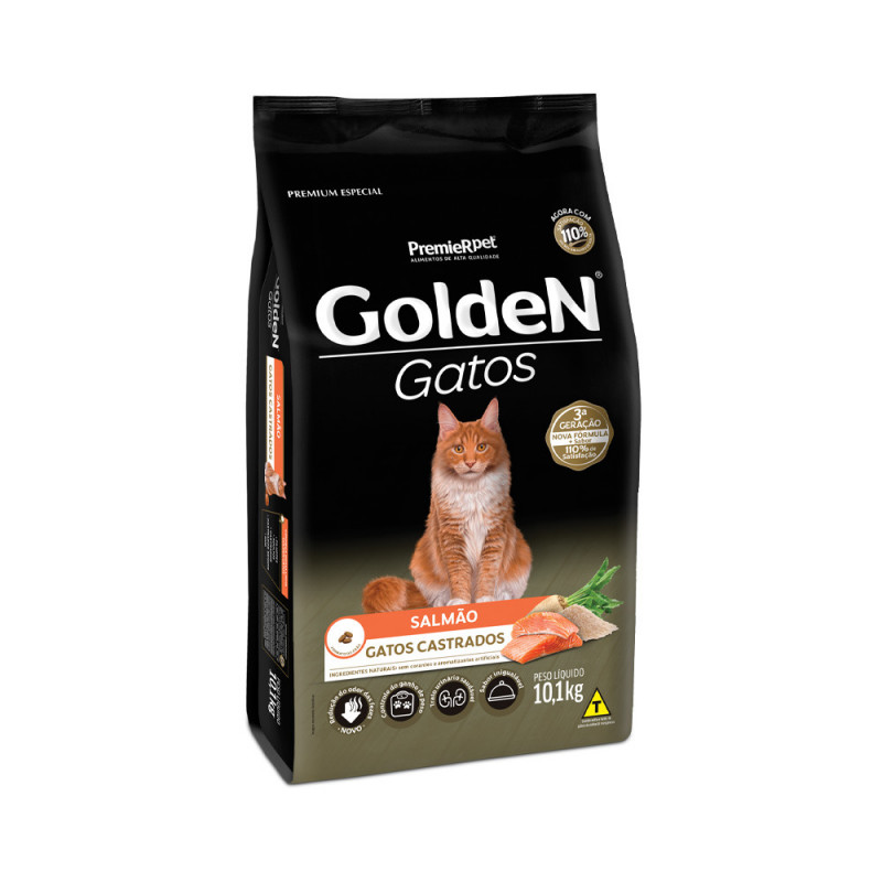 Ração Golden para Gatos Adultos Castrados Sabor Salmão 10,1 KG