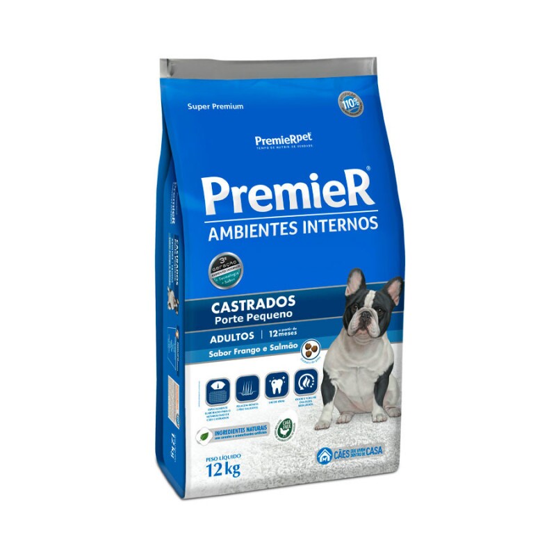 Ração Premier Ambientes Internos para Cães Adultos Castrados Sabor Frango e Salmão 12KG