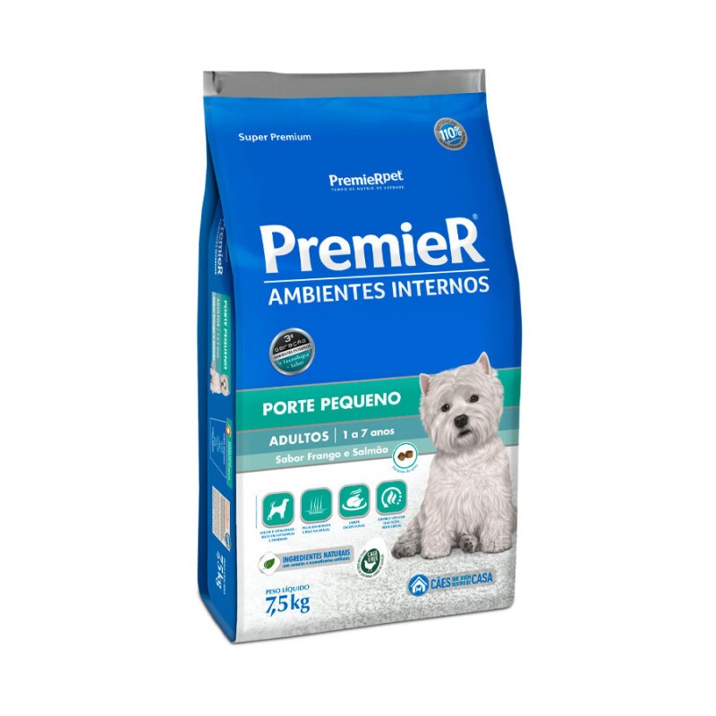 Ração Premier Ambientes Internos para Cães Adultos Sabor Frango e Salmão 7,5 Kg