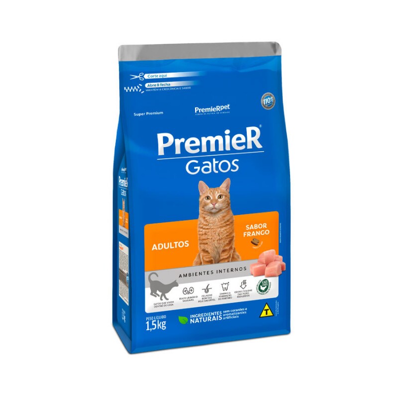 Ração Premier Ambientes Internos para Gatos Adultos Sabor Frango 1,5KG
