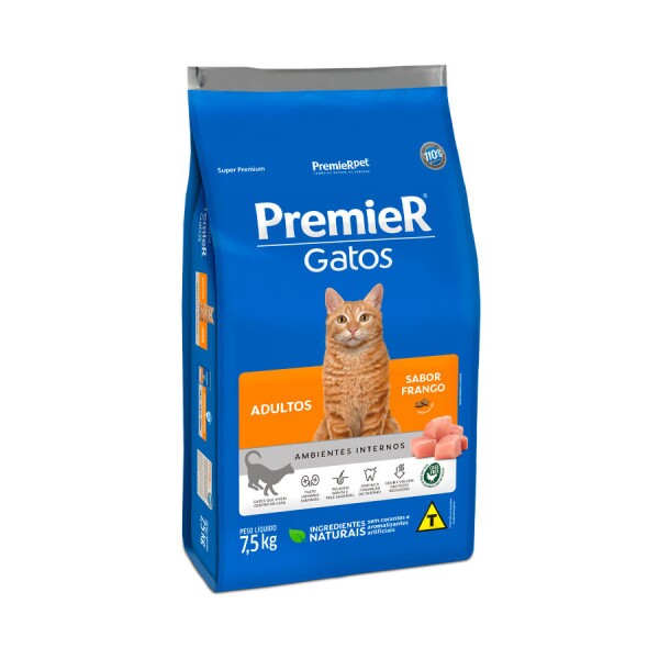 Ração Premier Ambientes Internos para Gatos Adultos Sabor Frango 7,5KG