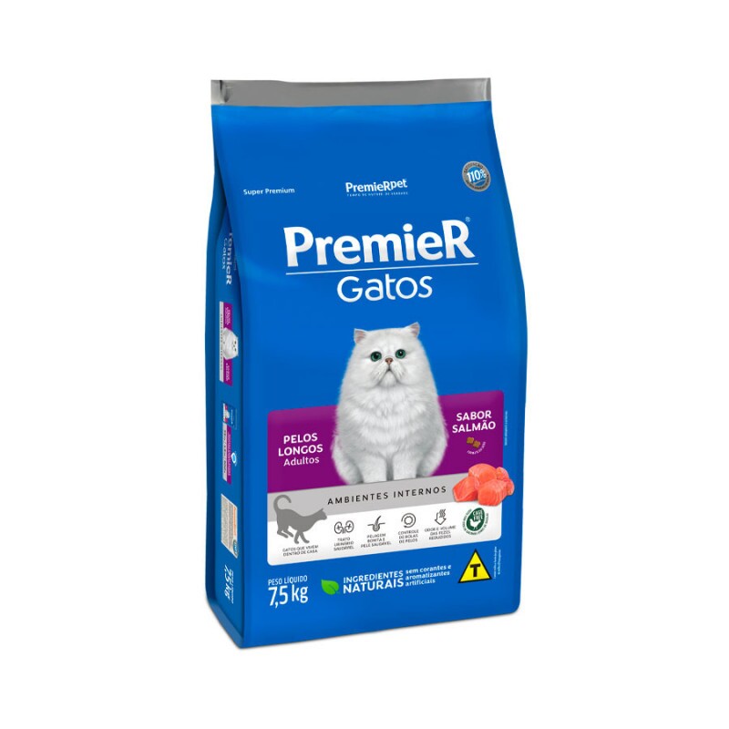 Ração Premier Ambientes Internos Pelos Longos para Gatos Adultos Sabor Salmão 7,5KG