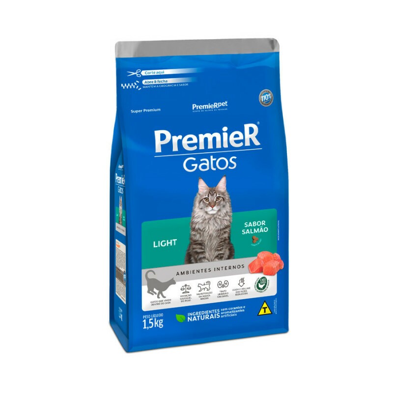 Ração Premier Ambientes Internos Light para Gatos Adultos Sabor Salmão 1,5 KG