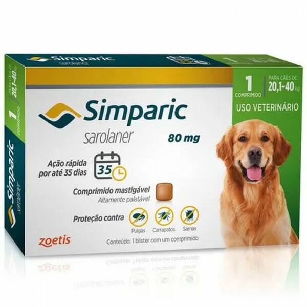 Antipulgas Simparic 80 mg para cães 20,1 a 40 kg 1 comprimido - Zoetis