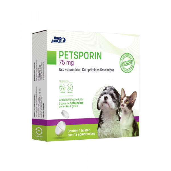 Petsporin 75mg Antibiótico para Cães e Gatos 12 comprimidos