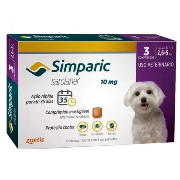 Antipulgas Simparic 10 mg para cães 2,6 a 5 kg 3 comprimidos - Zoetis