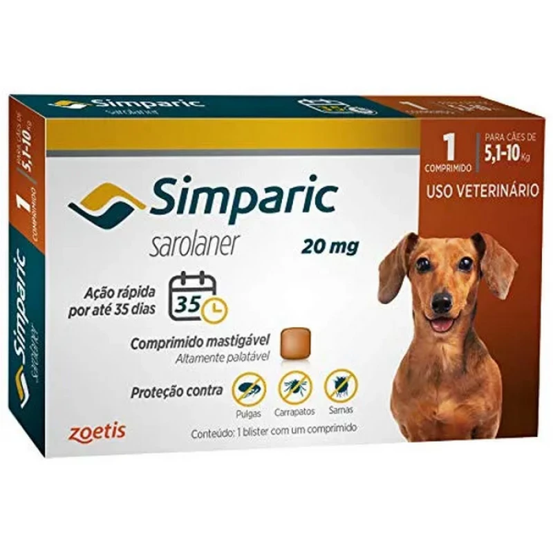 Antipulgas Simparic 20 mg para cães 5,1 a 10 kg 1 comprimido - Zoetis