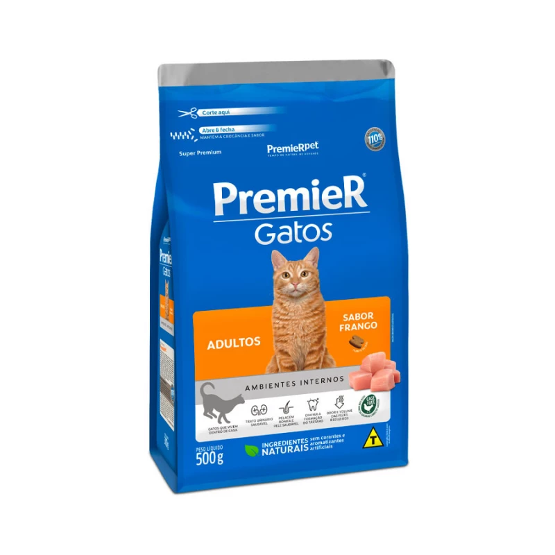 Ração Premier Ambientes Internos para Gatos Adultos Sabor Frango 500G