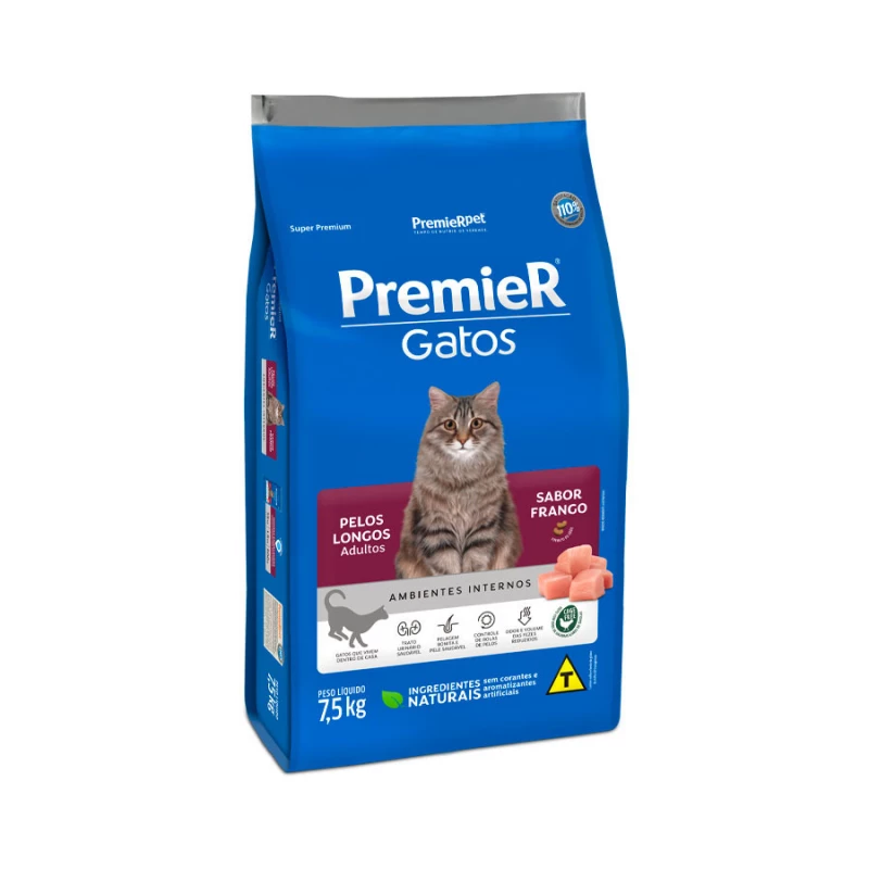 Ração Premier Ambientes Internos Pelos Longos para Gatos Adultos Sabor Frango 7,5KG