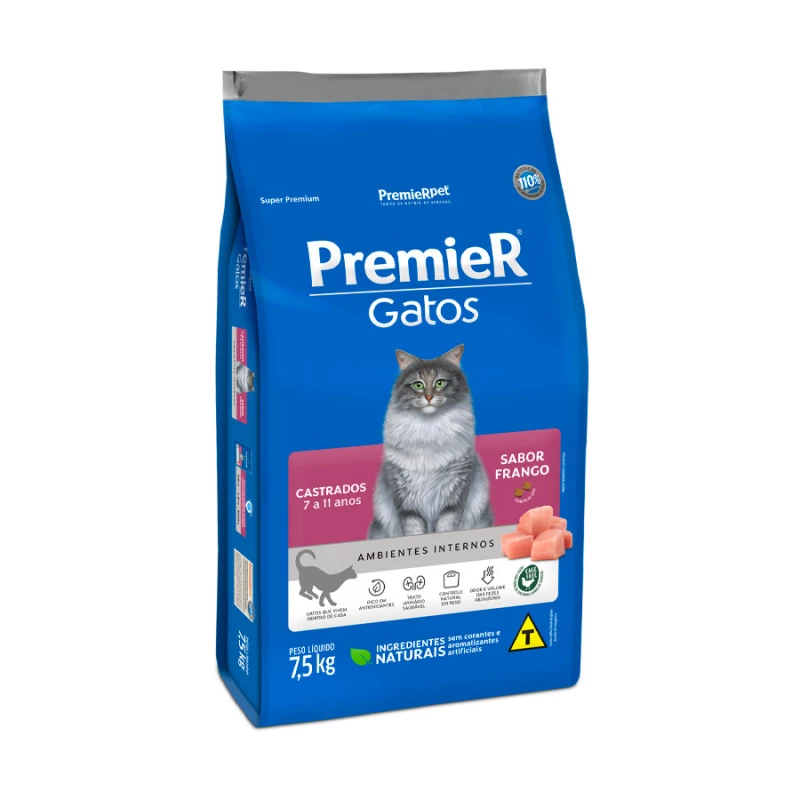 Ração Premier Ambientes Internos Gatos Castrados 7 a 11 Anos Frango 7,5KG