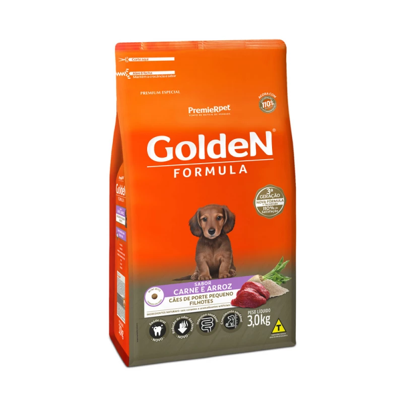Ração Golden Fórmula Mini Bits para Cães Filhotes de Porte Pequeno Sabor Carne e Arroz 3KG