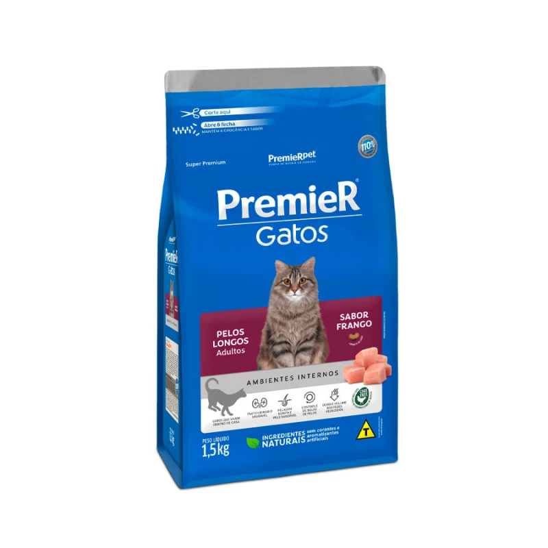 Ração Premier Ambientes Internos Pelos Longos para Gatos Adultos Sabor Frango 1,5KG