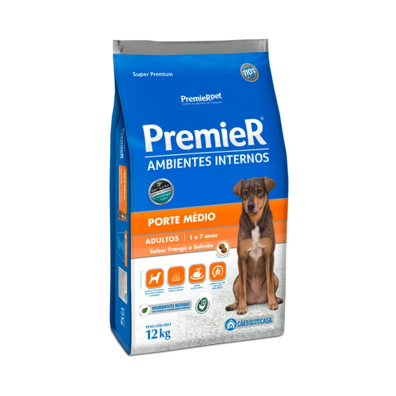 Ração Premier Ambientes Internos para Cães Adultos de Médio Porte Sabor Frango e Salmão 12KG