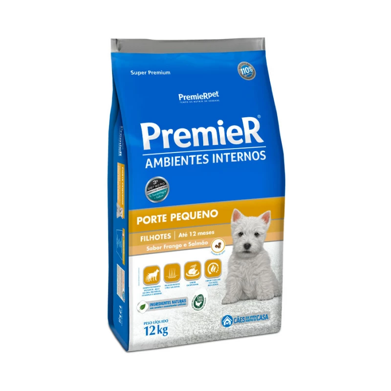 Ração Premier para Cães Filhotes de Raças Pequenas Ambientes Internos Sabor Frango e Salmão 12KG