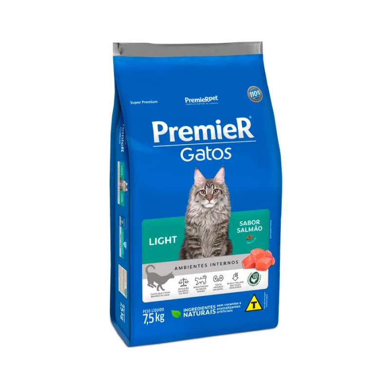 Ração Premier Ambientes Internos Light para Gatos Adultos Sabor Salmão 7,5KG