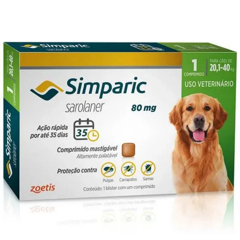 Antipulgas Simparic 80 mg para cães 20,1 a 40 kg 1 comprimido - Zoetis
